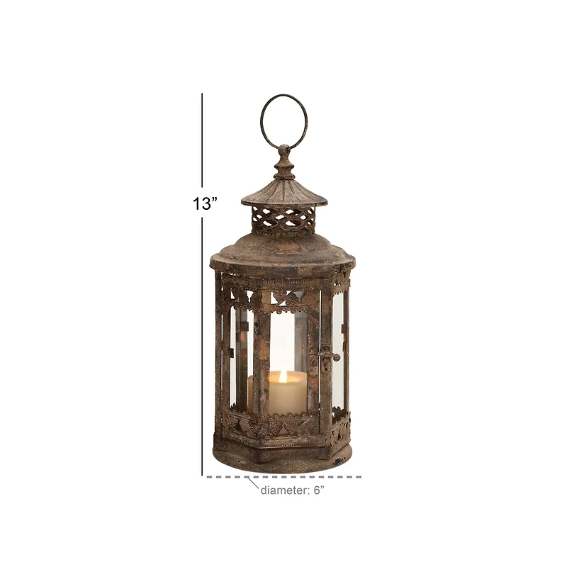 Brown Iron Rustic Candle Holder Lantern, 13" x 6" x 6"
