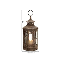 Brown Iron Rustic Candle Holder Lantern, 13" x 6" x 6"