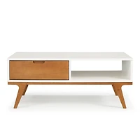 White & Caramel 1-Drawer Bridge Leg Solid Wood Coffee Table