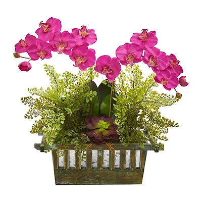 23" Pink Orchid & Succulent Arrangement in Wooden Planter