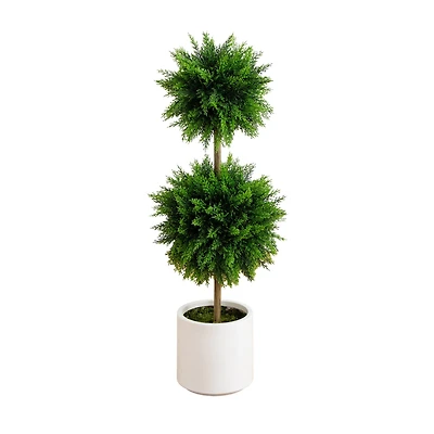 3.5ft. UV Resistant Cedar Double Ball Topiary Tree in White Decorative Planter