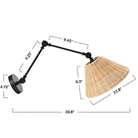 Hello Honey® 29" Black Metal Finish Coastal Adjustable Wall Sconce with Neutral Beige Rattan Shade