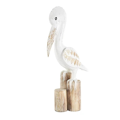 24" White Wood Pelican Handmade Distressed Sculpture with 3 Brown Posts