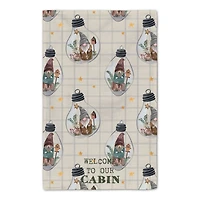Welcome to our Cabin Cream and Check Gnome Globe Pattern Tea Towel