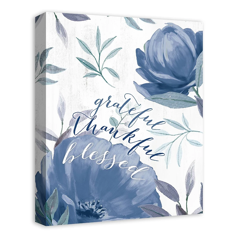 Blue Floral Grateful Thankful Blessed Canvas Wall Art