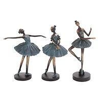 Set of 3 Teal Polystone Traditional Dancer Sculpture