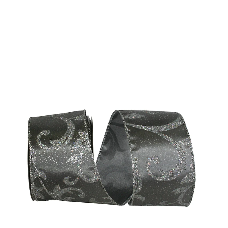 Reliant 2.5" x 10yd. Silver Filigree Leaves Glitter Wired Taffeta Ribbon