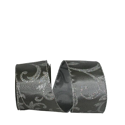 Reliant 2.5" x 10yd. Silver Filigree Leaves Glitter Wired Taffeta Ribbon