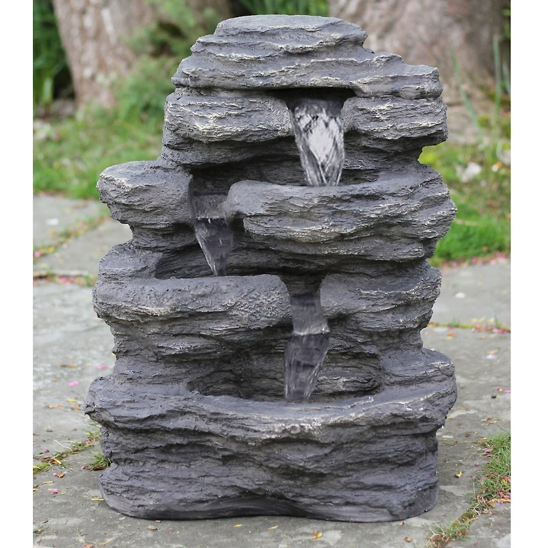 24" LED Lighted Multi-Tiered Rock Look Outdoor Patio Garden Water Fountain