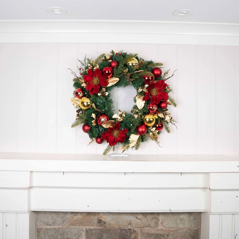 30" LED Golden Leaf Red Magnolia Christmas Wreath