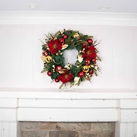 30" LED Golden Leaf Red Magnolia Christmas Wreath