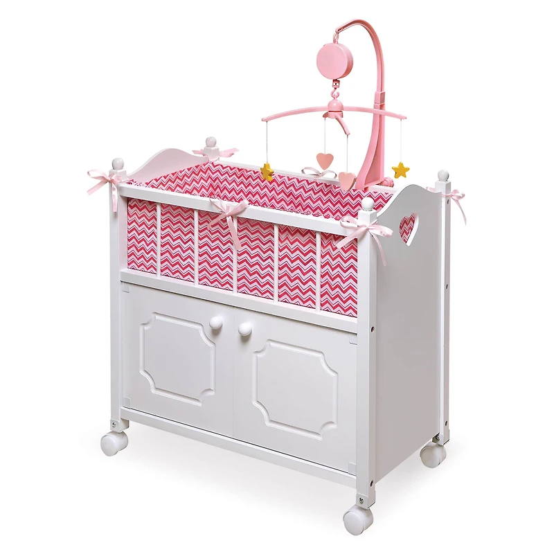 Badger Basket White Cabinet Doll Crib with Pink & White Chevron Bedding