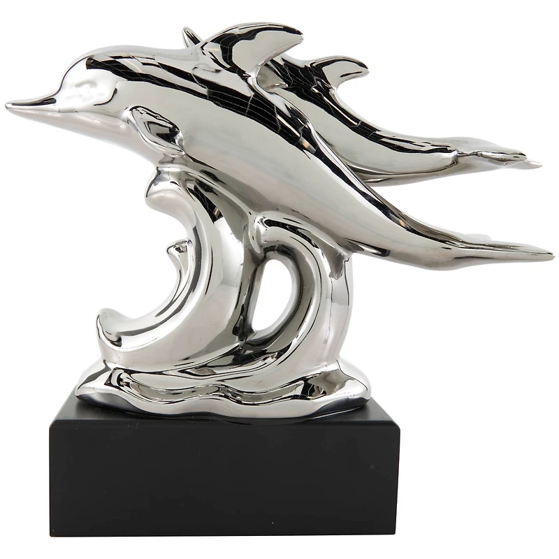 10" Silver Ceramic Dolphin Sculpture