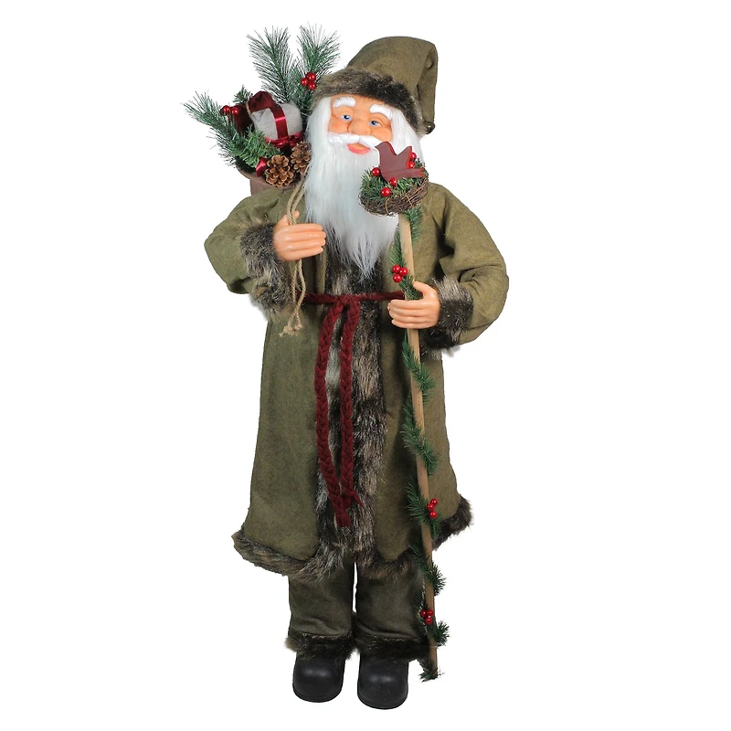 4ft. Olive Green & Burgundy Red Standing Santa Claus with Gift Bag Christmas Figure