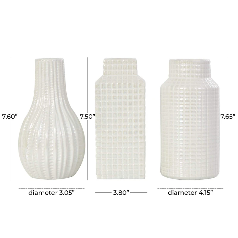 8" Cream Ceramic Geometric Textured Vase Set