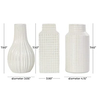 8" Cream Ceramic Geometric Textured Vase Set