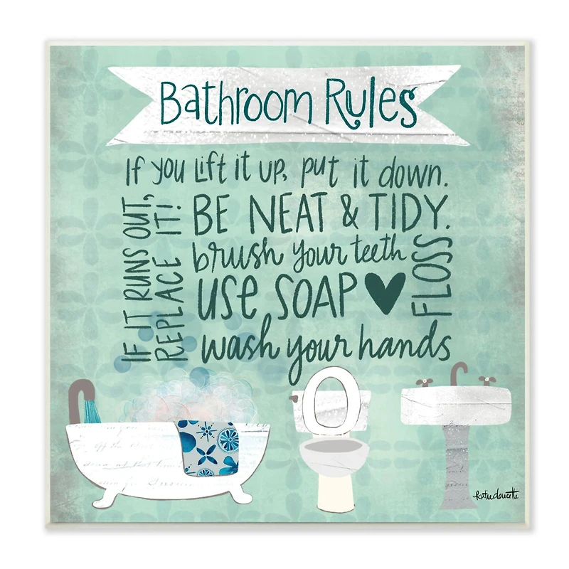 Stupell Industries Aqua Blue Bathroom Rules Collage Look Typography Wood Wall Plaque