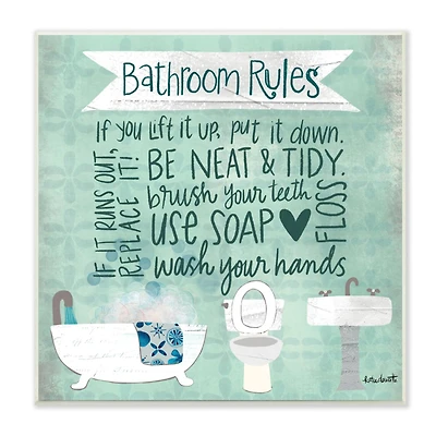 Stupell Industries Aqua Blue Bathroom Rules Collage Look Typography Wood Wall Plaque