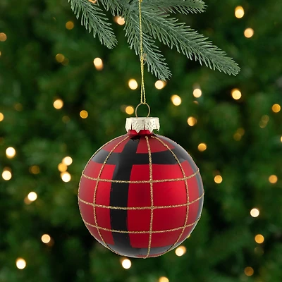 4ct. 3" Red, Black & Gold Plaid Glass Ball Ornaments