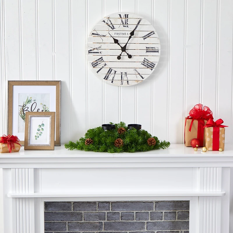 24” Artificial Christmas Double Candelabrum & Pinecones with Warm White Lights