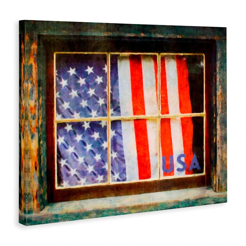 Stupell Industries Patriotic American Flag Rustic Window Festive Home Canvas Wall Art