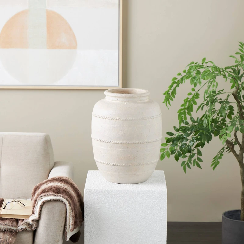 18" Cream Distressed Stone Vase with Raised Braided Accents