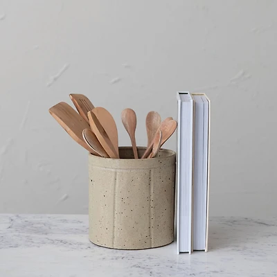 Hello Honey® 6" Tan Decorative Stoneware Crock with Line Detail