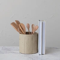 Hello Honey® 6" Tan Decorative Stoneware Crock with Line Detail