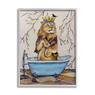 Stupell Industries Regal Jungle Lion in Blue Claw Bath in Gray Frame Wall Art