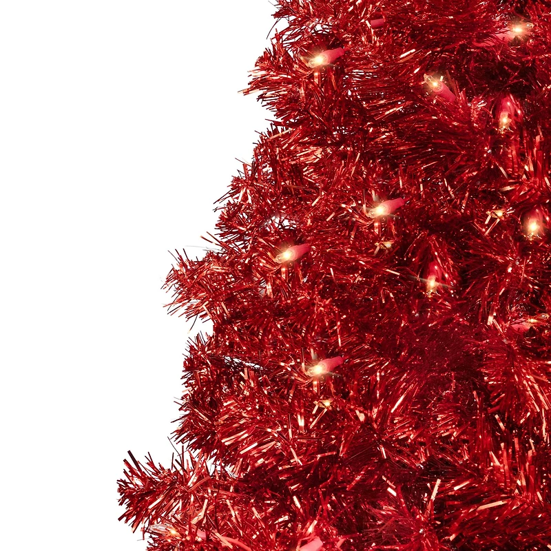 9ft. Pre-Lit Red Artificial Tinsel Christmas Tree, Clear Lights