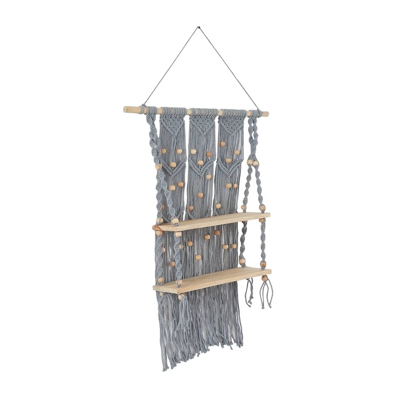 The Novogratz Gray Cotton Handmade 2 Shelves Macrame Wall Shelf 25" x 6" x 47"