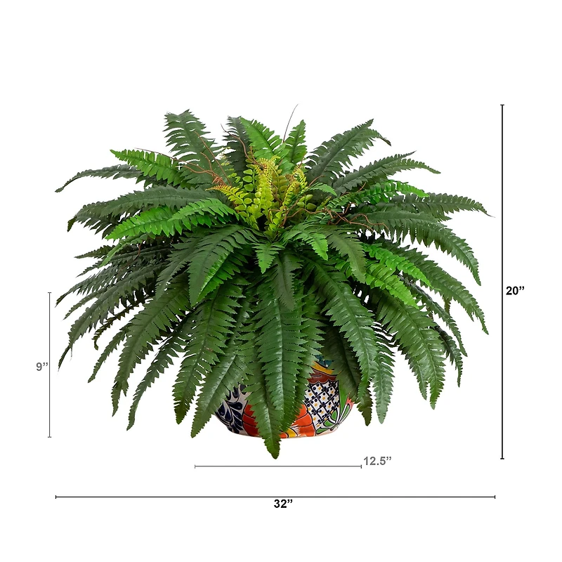 3.5ft Artificial Double Boston Fern in Handmade Mexican Talavera Ceramic Planter
