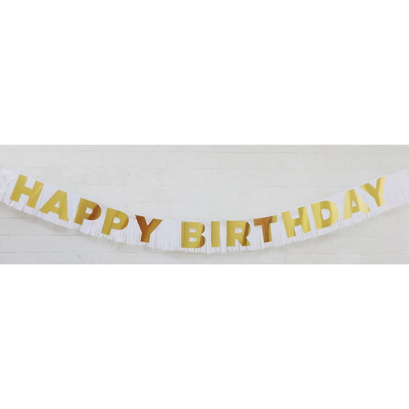 6.5ft. Gold & White Happy Birthday Fringe Banner by Celebrate It™