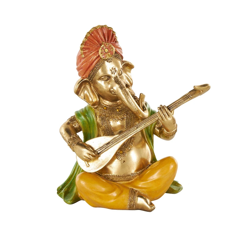 10.75" Gold Ganesh Musician Decorative Sculpture with Green, Yellow, and Red Accents