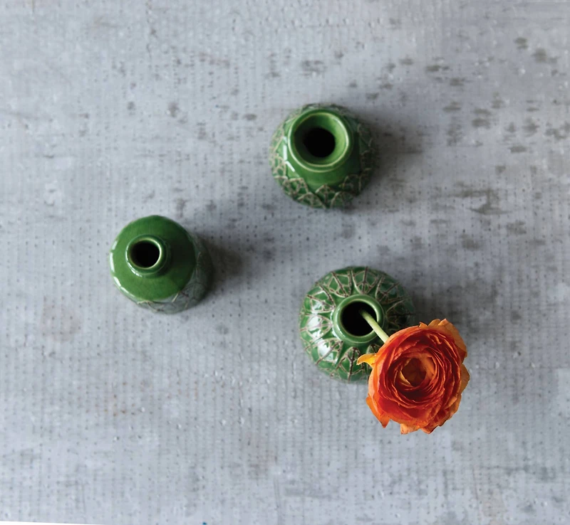 Hello Honey® Green Embossed Stoneware Vases Set