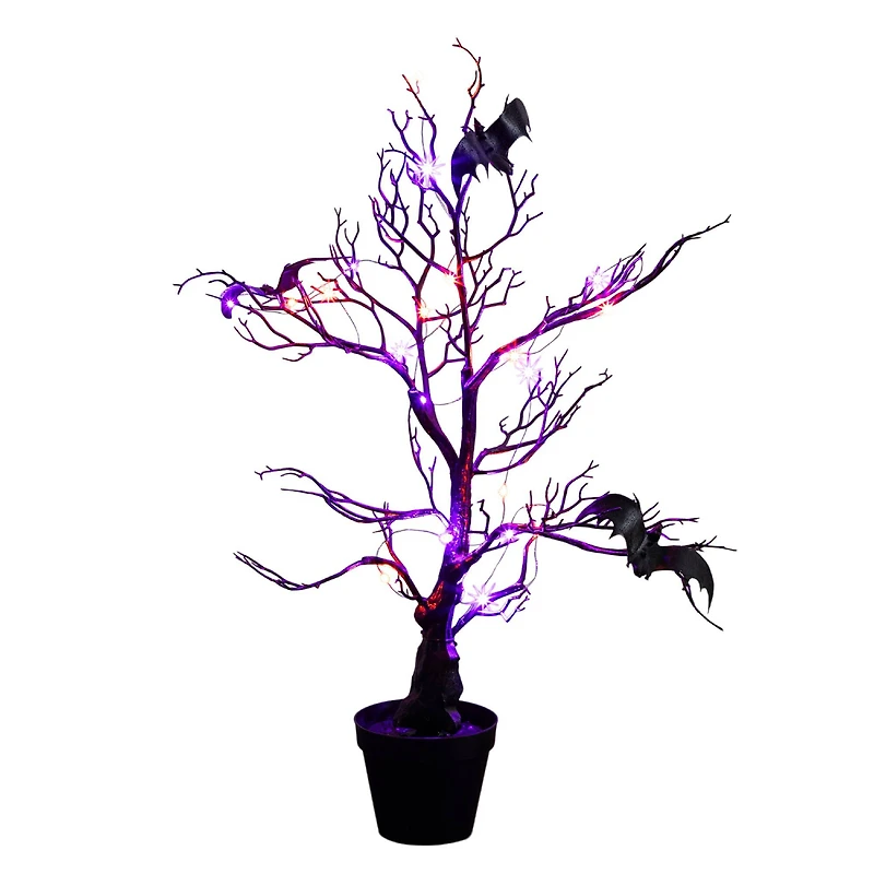 2ft. Pre-Lit Artificial Halloween Black Spooky Twig Tree with Bats and 40 Orange & Purple LED Lights