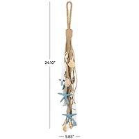 Brown Jute Rope Fish Hanging Wall Décor with Blue Starfish and Shell Accents
