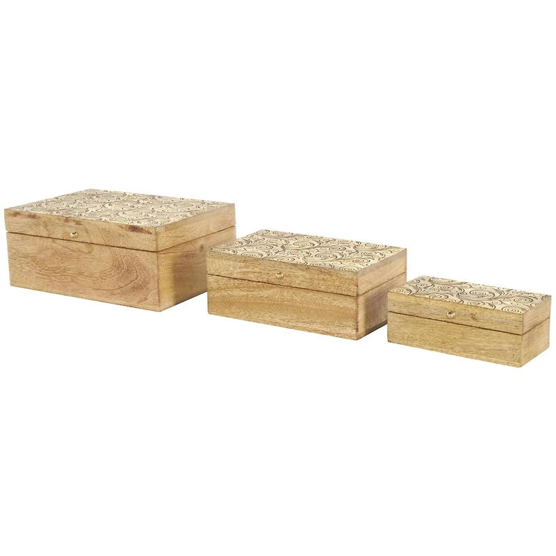 Brown & Gold Mango Wood Scroll Storage Box Set