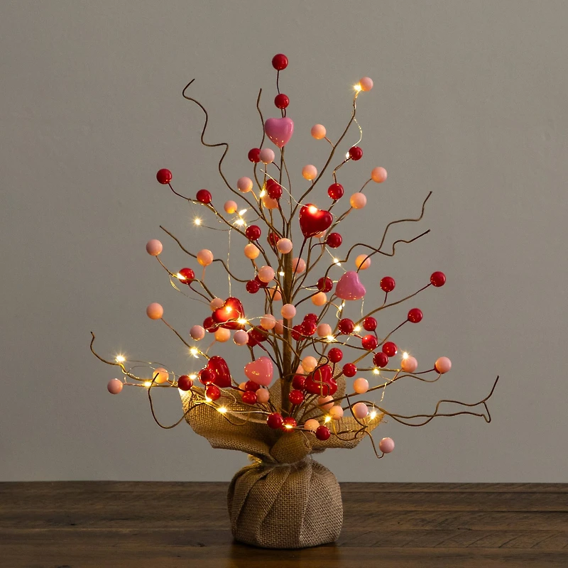 18in. Pre-Lit Artificial Valentine's Day Heart & Berry Twig Tree with 30 LED String Lights in Burlap Wrapped Base