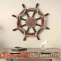 Brown Wood Ship Wheel Handmade Wall Décor with Rope and Shell Accents