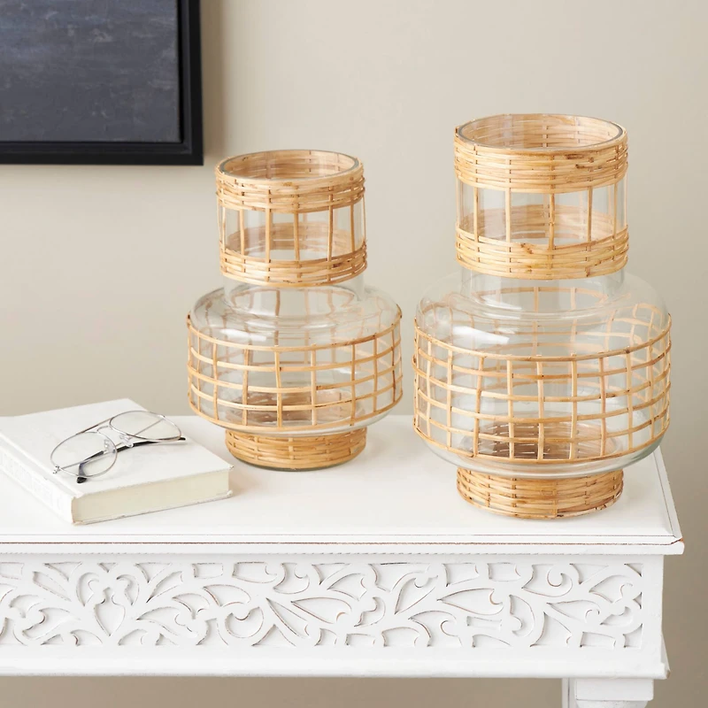 Clear Glass Double Ring Rattan Wrapped Vase Set