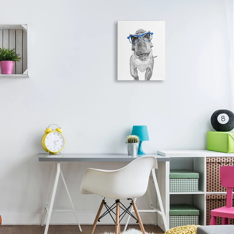 Stupell Industries Adorable T-Rex Dinosaur Blue Glasses Illustration Canvas Wall Art