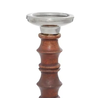 Brown Wood & Aluminum Pillar Candle Holder Set