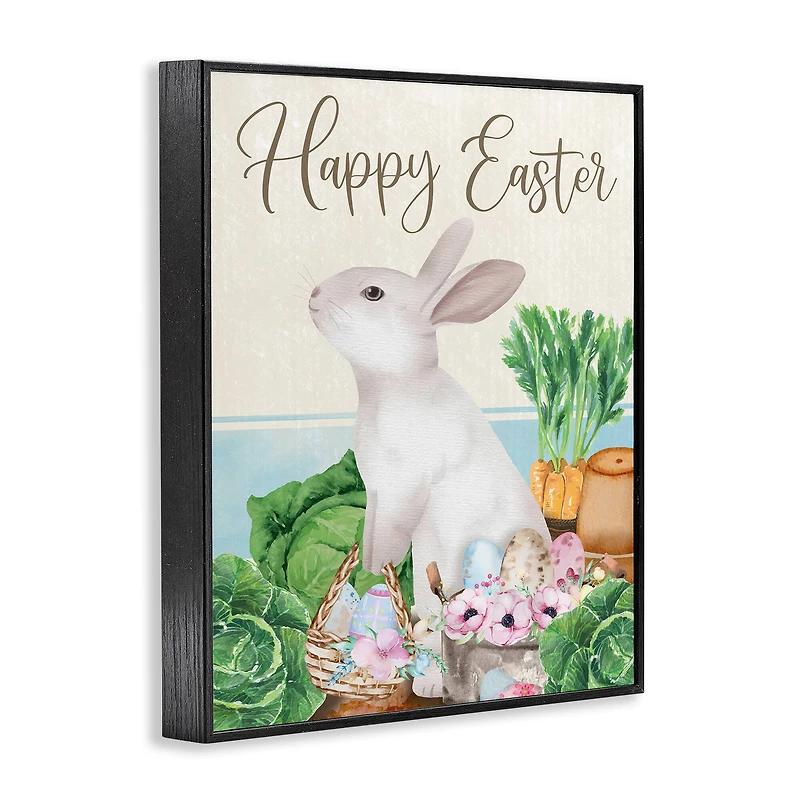 Stupell Industries Happy Easter Bunny Rabbit Greens Eggs Basket Framed Giclee Art