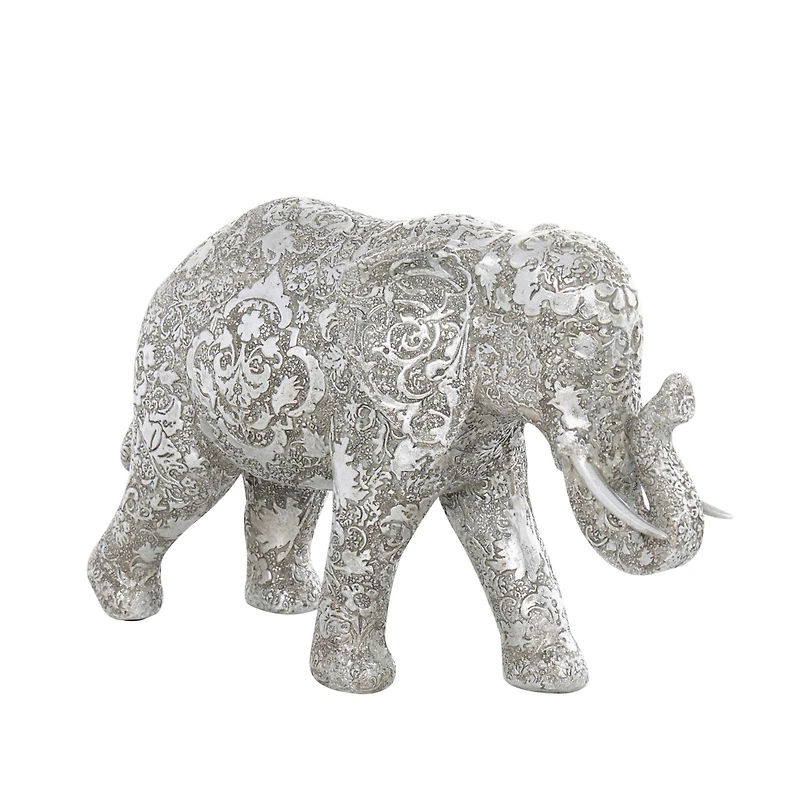 14" Silver Polystone Elephant Floral Engraved Sculpture
