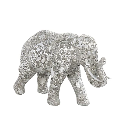 14" Silver Polystone Elephant Floral Engraved Sculpture