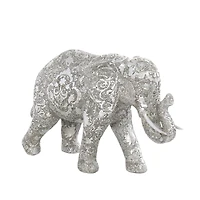 14" Silver Polystone Elephant Floral Engraved Sculpture