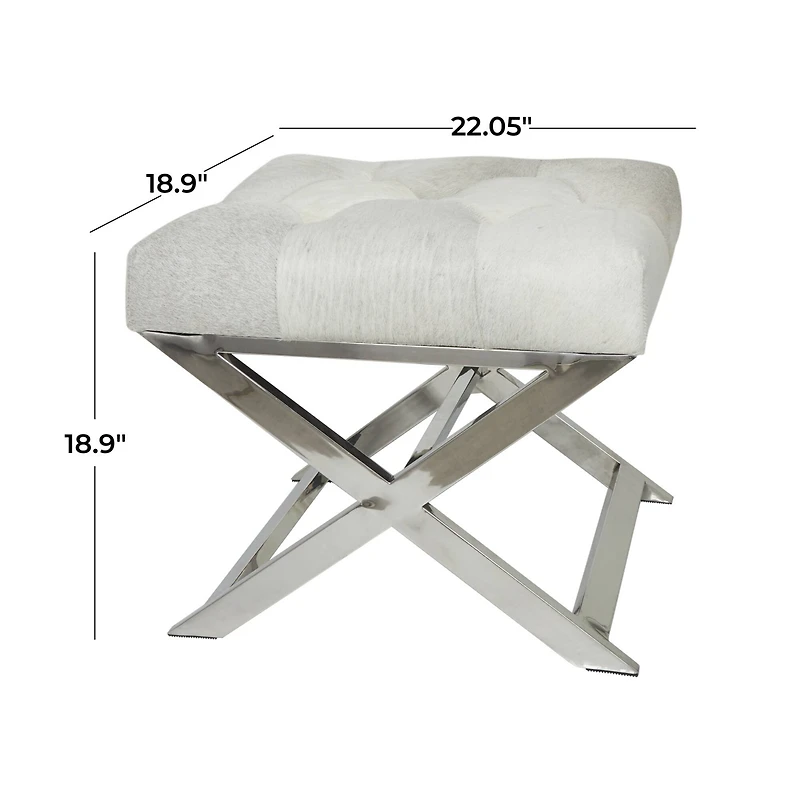 19" Light Gray Leather Geometric Tufted Stool with Metal Base