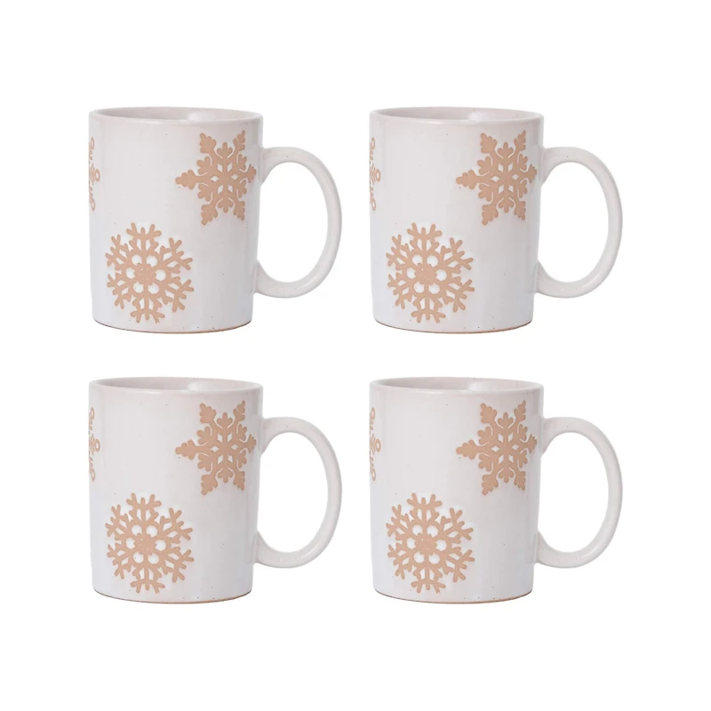 Hello Honey® 3.75" White & Orange Round Stoneware Snowflake Mugs, 4ct.