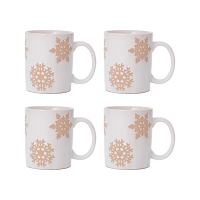Hello Honey® 3.75" White & Orange Round Stoneware Snowflake Mugs, 4ct.